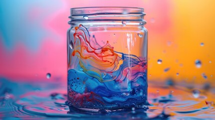 Poster - A water jar filled with water and spinning used brush mixed it colors in the water.