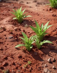 Close-up of vibrant green weeds sprouting from red soil, growth, farm, nature, environment