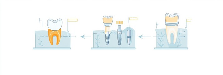 Aufkleber - Detailed illustration showing the dental implant process in three stages, highlighting implant placement, healing, and restoration. Generative AI