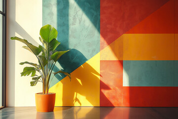 Poster - Vibrant modern interior design with geometric wall art and a potted plant. Generative AI