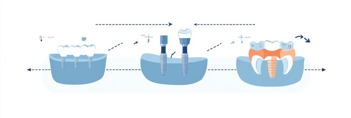 Poster - This illustration outlines the sequential stages of dental implants, showcasing the procedure from start to finish with designated text space. Generative AI