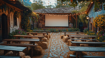 Aufkleber - A village cinema setup outdoors, with a small white screen framed by rustic wooden posts, surrounded by rows of simple wooden benches and hay bales for seating. with cobblestone paths.
