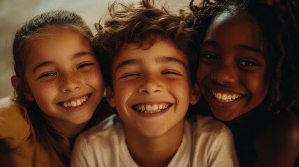 Closeup of three happy children, a Hispanic girl with a joyful grin and short hair, a white boy with a bright smile and medium-length hair