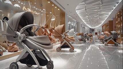 Poster - Modern showroom of modern strollers on display.