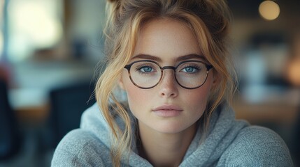 Poster - an ordinary looking woman in her 30s wearing an unzipped gray hoodie black framed glasses leaning on an office chair her hair in a bun and a hoodi