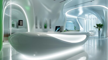 Poster - A futuristic reception area in a minimalist style with dominant smooth, streamlined shapes. The main element is the reception desk.