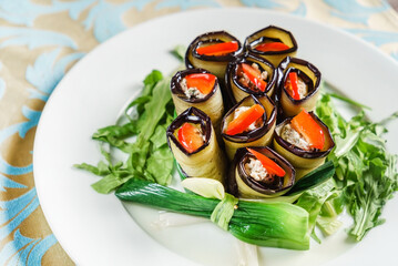 Wall Mural - eggplant rolls on the Christmas table