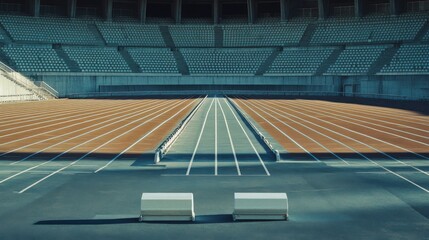 A track and field stadium with lanes and starting blocks, empty stands, Contemporary style