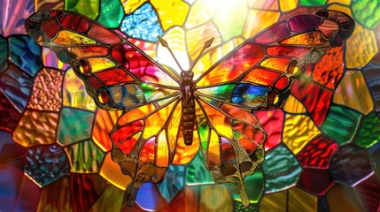 Aufkleber - colorful stained glass window with a butterfly in the form of a rainbow