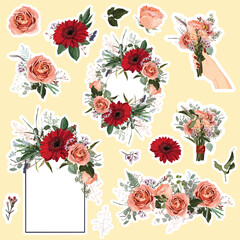 set of roses and spring flowers elements. set of stickers, pins, patches and handwritten notes colle