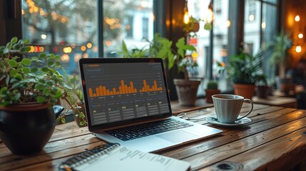Poster - A minimalistic cafe interior with a sleek laptop on clean wooden table, the screen displaying a clear and modern sales growth chart. The table includes a single coffee cup and an elegant notebook.