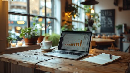 Poster - A minimalistic cafe interior with a sleek laptop on clean wooden table, the screen displaying a clear and modern sales growth chart. The table includes a single coffee cup and an elegant notebook.