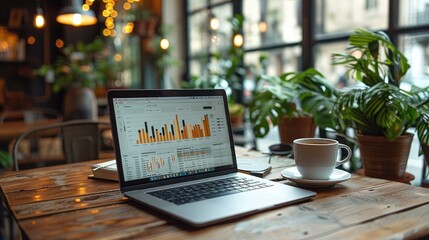 Poster - A minimalistic cafe interior with a sleek laptop on clean wooden table, the screen displaying a clear and modern sales growth chart. The table includes a single coffee cup and an elegant notebook.