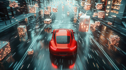 Poster - A red car was driving on the city coastal highway. The streets were full of Christmas decorations, the road was empty, and many transparent gift boxes were floating in the sky.