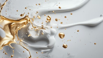 Poster - dynamic splash of gold and white liquid with droplets showcasing fluid motion and texture