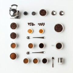 Leinwandbilder - A flat lay setup showcases various coffee cups, spoons, and beans alongside a coffee maker, inviting coffee lovers to indulge in brewing. Generative AI