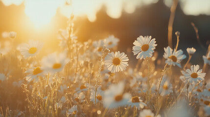 Wall Mural - bright daisies bloom in a sunlit field during golden hour, creating a serene natural landscape. gene