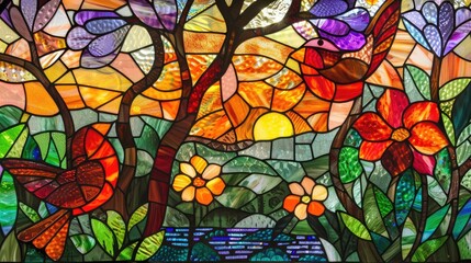 Aufkleber - stained glass window colorful leaves tree