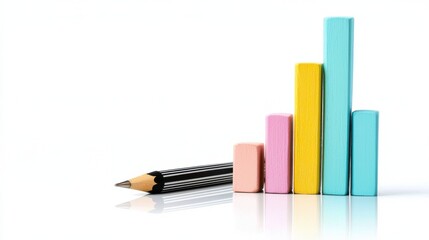 Poster - Bar Graph and Pencil on White Background Representing Business Statistics and Data Analysis