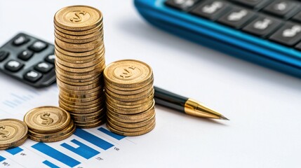 Poster - Stacks of gold coins with calculator and financial charts indicating business analytics and investment planning