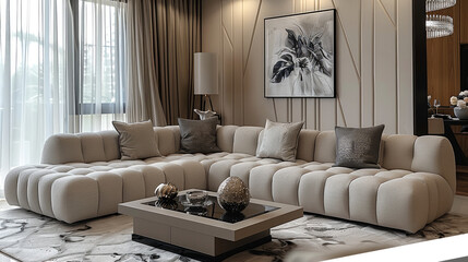 Poster - A luxurious modern living room with a minimalist design. The room features two large cream-colored sofas adorned with elegant throw pillows.