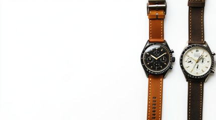 Aufkleber - Two wristwatches with distinct designs lie on a white background, allowing space for additional text and branding elements. Generative AI
