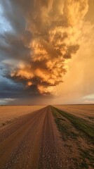 Wall Mural - Golden Hour Storm Clouds Over a Country Road