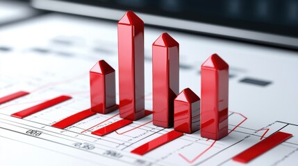 Poster - Red 3D Bar Graph Representing Growth Progress and Positive Financial Performance