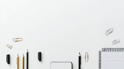 Poster - Various office supplies like pens, pencils, sticky notes, and paper clips are organized on a clean workspace, providing ample space for writing. Generative AI