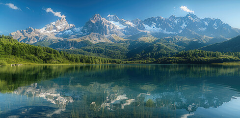 Poster - A mountainous landscape with a tranquil lake in the foreground.