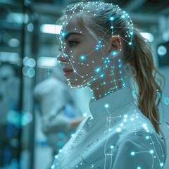 Aufkleber - A female doctor with a neural network of artificial intelligence in the background, white pale blue pale green.