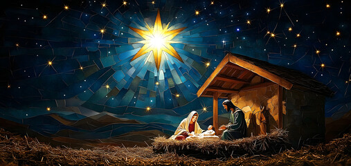 Wall Mural - a bright star illuminating the night sky, shining over the manger scene with mary, joseph, and baby 