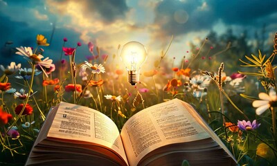 Wall Mural - illuminated ideas: a book of knowledge in a field of flowers