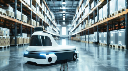 Fototapete - A futuristic mobile robot in a distribution center floor.