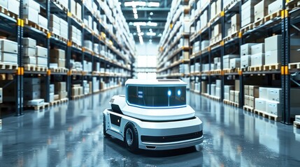 Fototapete - A futuristic mobile robot in a distribution center floor.