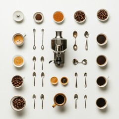 Aufkleber - Flat lay arrangement of coffee beans, cups, and tools showcasing the art of brewing coffee, designed for clarity and usability. Generative AI