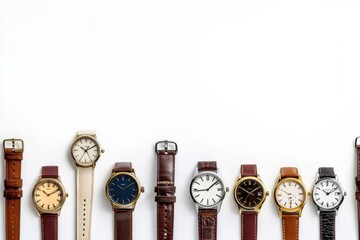 Aufkleber - Various wristwatches displayed in a line, highlighting unique styles and colors against a plain background, ideal for custom text additions. Generative AI