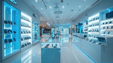 Poster - A brightly lit electronics store with a sleek glass display case full of valuable gadgets, a security camera mounted on the ceiling above.