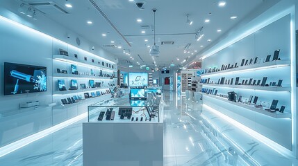Poster - A brightly lit electronics store with a sleek glass display case full of valuable gadgets, a security camera mounted on the ceiling above.
