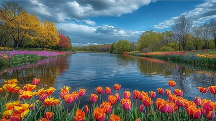 Poster - River, cloudy, clouds, around the river a meadow of multi-colored and colorful flowers such as: chrysanthemums, tulips and cornflowers. There are also many trees around the river.