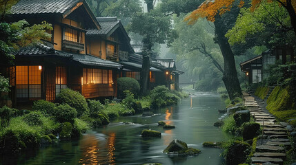 Poster - A beautiful view in the lush green environment of Japan. old wooden house. small river.