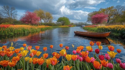 Poster - River, cloudy, clouds, around the river a meadow of multi-colored and colorful flowers such as: chrysanthemums, tulips and cornflowers. There are also many trees around the river.