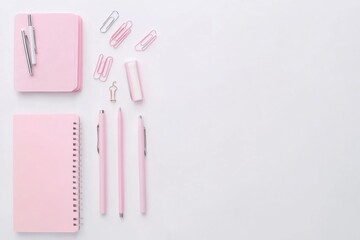 Aufkleber - A collection of pink pens, a notebook, paper clips, sticky notes, and a binder clip is neatly placed on a white desk, offering space for text. Generative AI