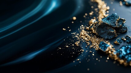 Poster - beautiful blue and gold abstract texture with shimmering particles and crushed stones on dark smooth