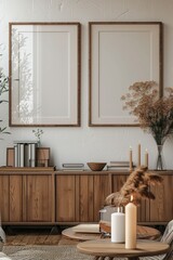 Poster - Two same-sized empty large wooden photo frames, hanging over a sideboard in the middle of an eclectic living room, a candle and flowers on the sideboard.