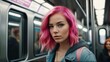 © axalaimaxala - cute girl with pink hair and denim jacket rides in subway car