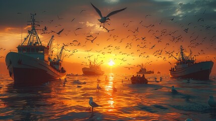 Aufkleber - On the sea, many fishing boats at sunset, seagulls.