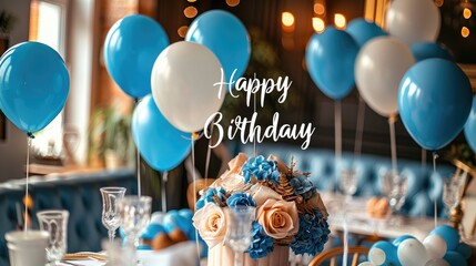 Poster - Birthday party table with blue and white balloons, a cake topper in the middle that says 