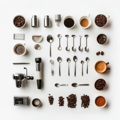 Leinwandbilder - Organized display features coffee cups, beans, spoons, and a coffee maker, perfect for showcasing a cozy brewing routine at home. Generative AI
