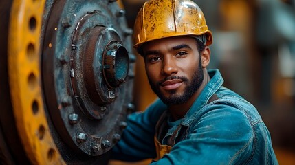Poster - engineer performing precision welding on wind turbine parts in a state of the art mechanical worksho